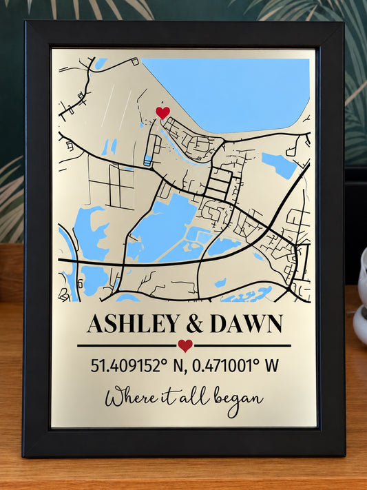 Where It All Began personalised mirror frame showing map location and names