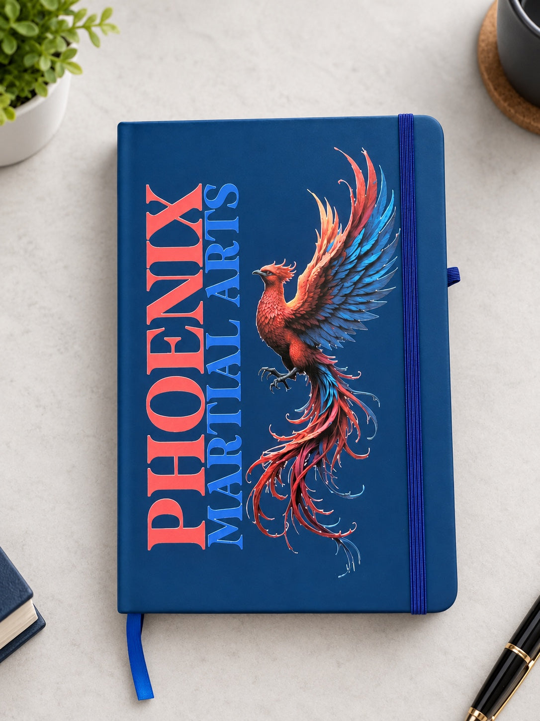 Example of a personalised printed blue A5 hardback notebook