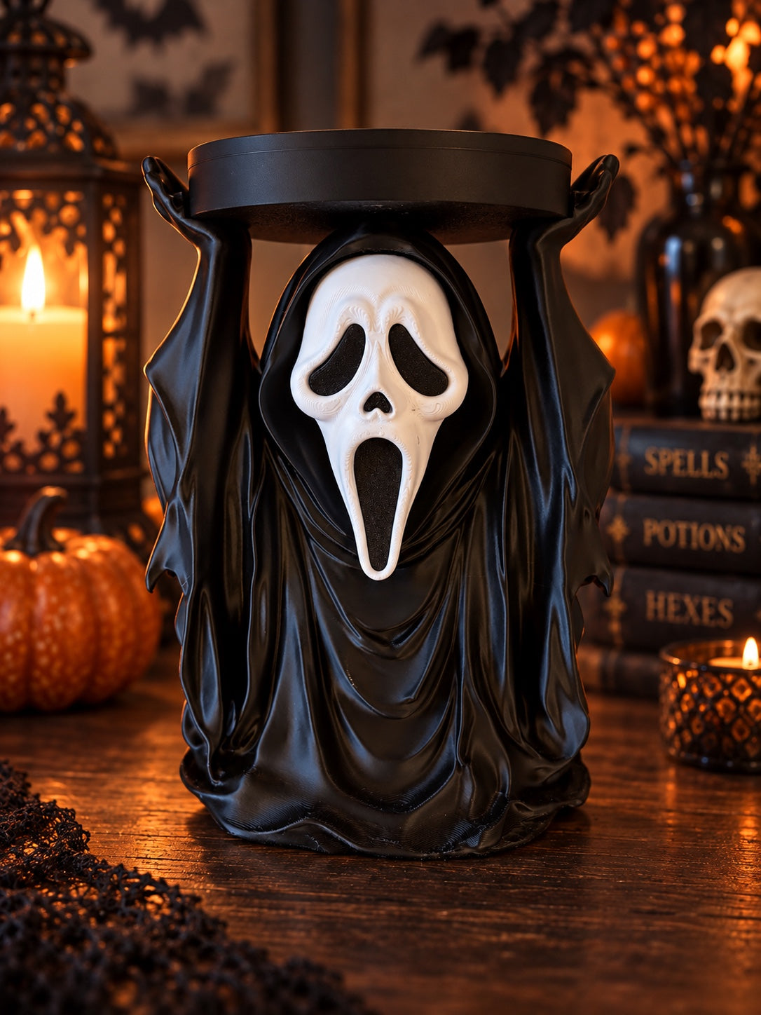 Screaming ghost stand displaying an unlit jar candle